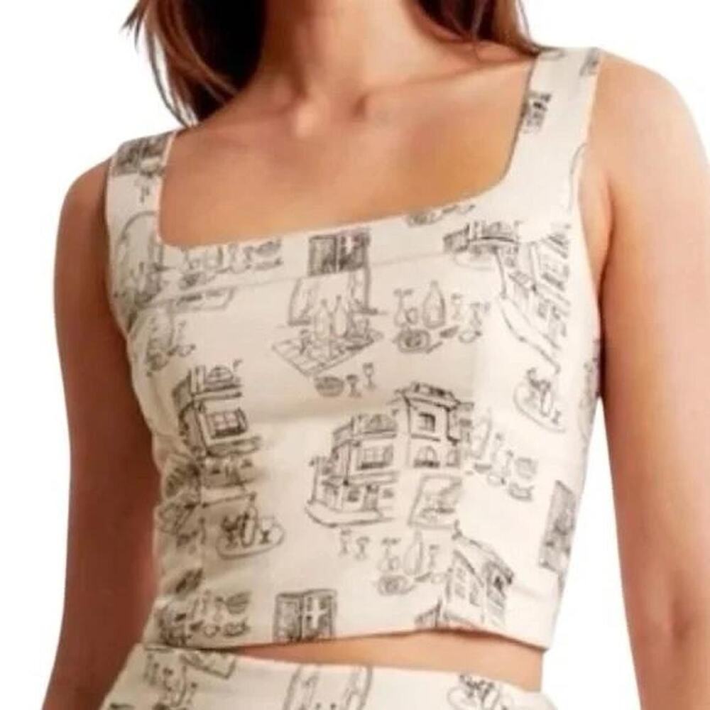 NEW Abercrombie & Fitch Cream Crop Linen Paris Cafe Print Square Neck Top XXL